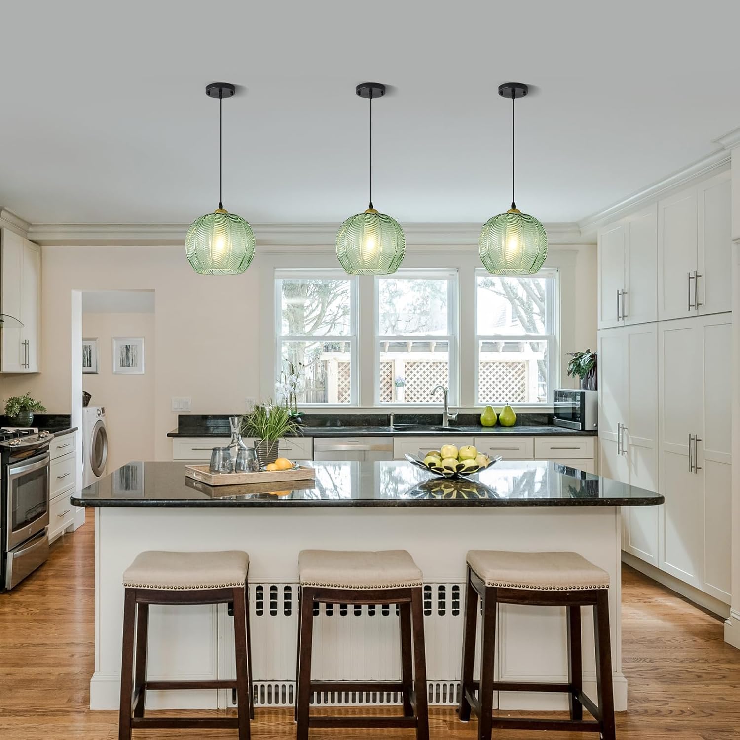 9.8" Green Ribbed Globe Pendant Light