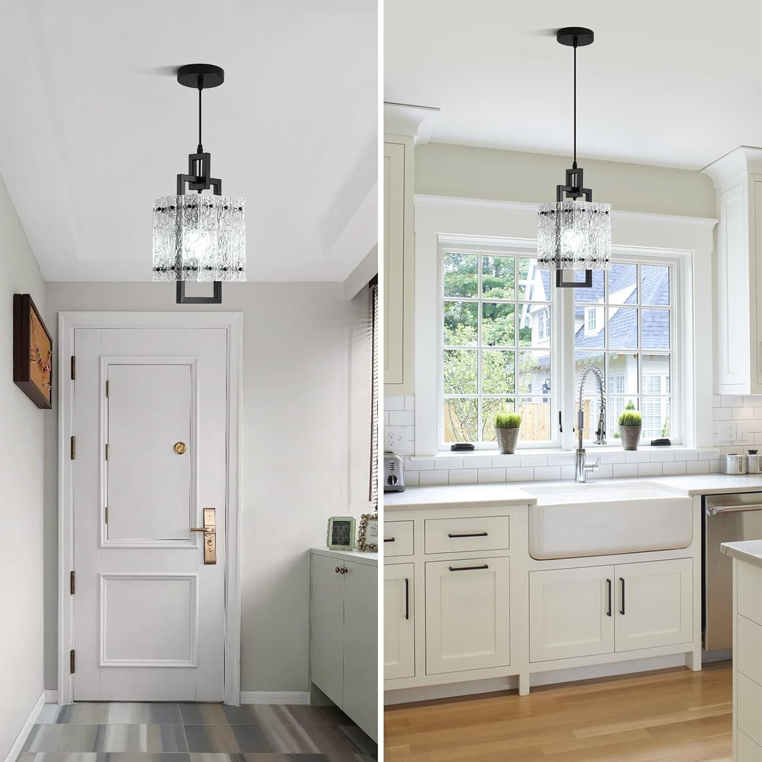 Square Water Ripple Glass Black Pendant Light 1 Pack