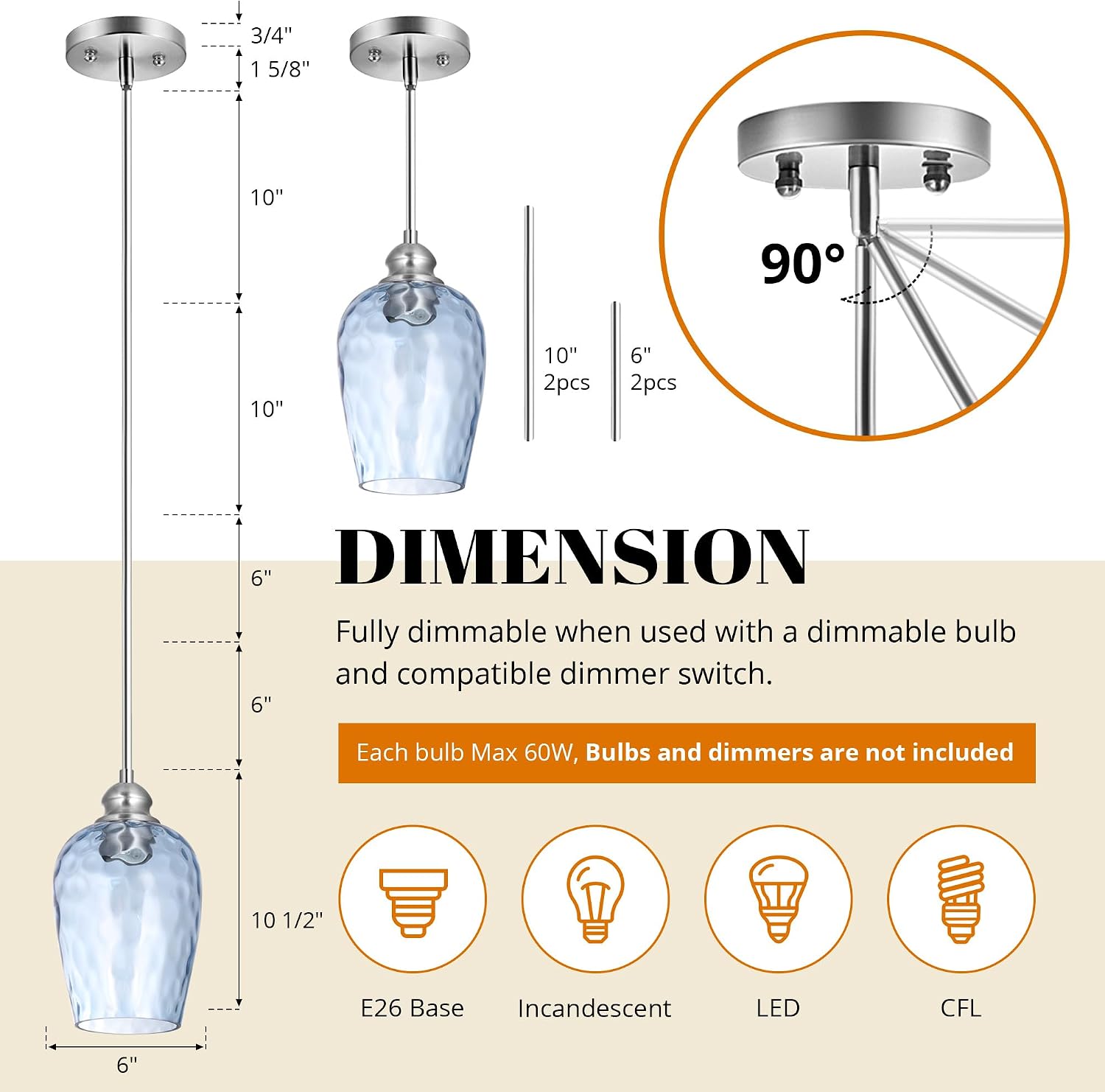 2 Pack Blue Hand Blown Glass Kitchen Pendant Lights