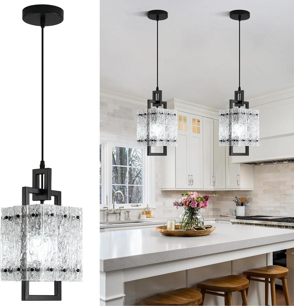 Square Water Ripple Glass Black Pendant Light 1 Pack