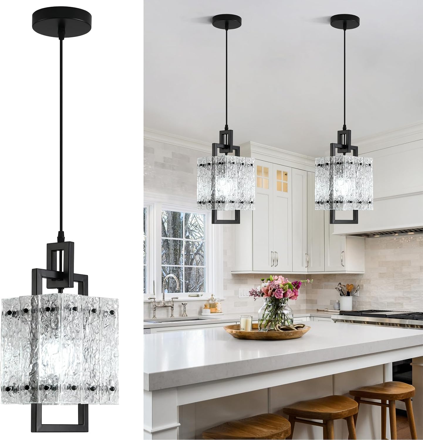 Square Water Ripple Glass Black Pendant Light 1 Pack
