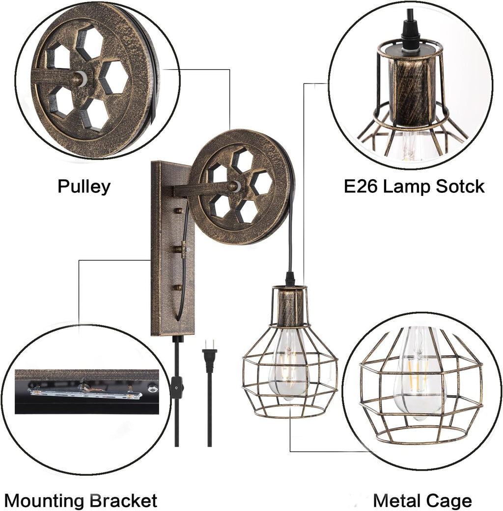 Bronze Pulley Cage Plug-In Wall Sconce