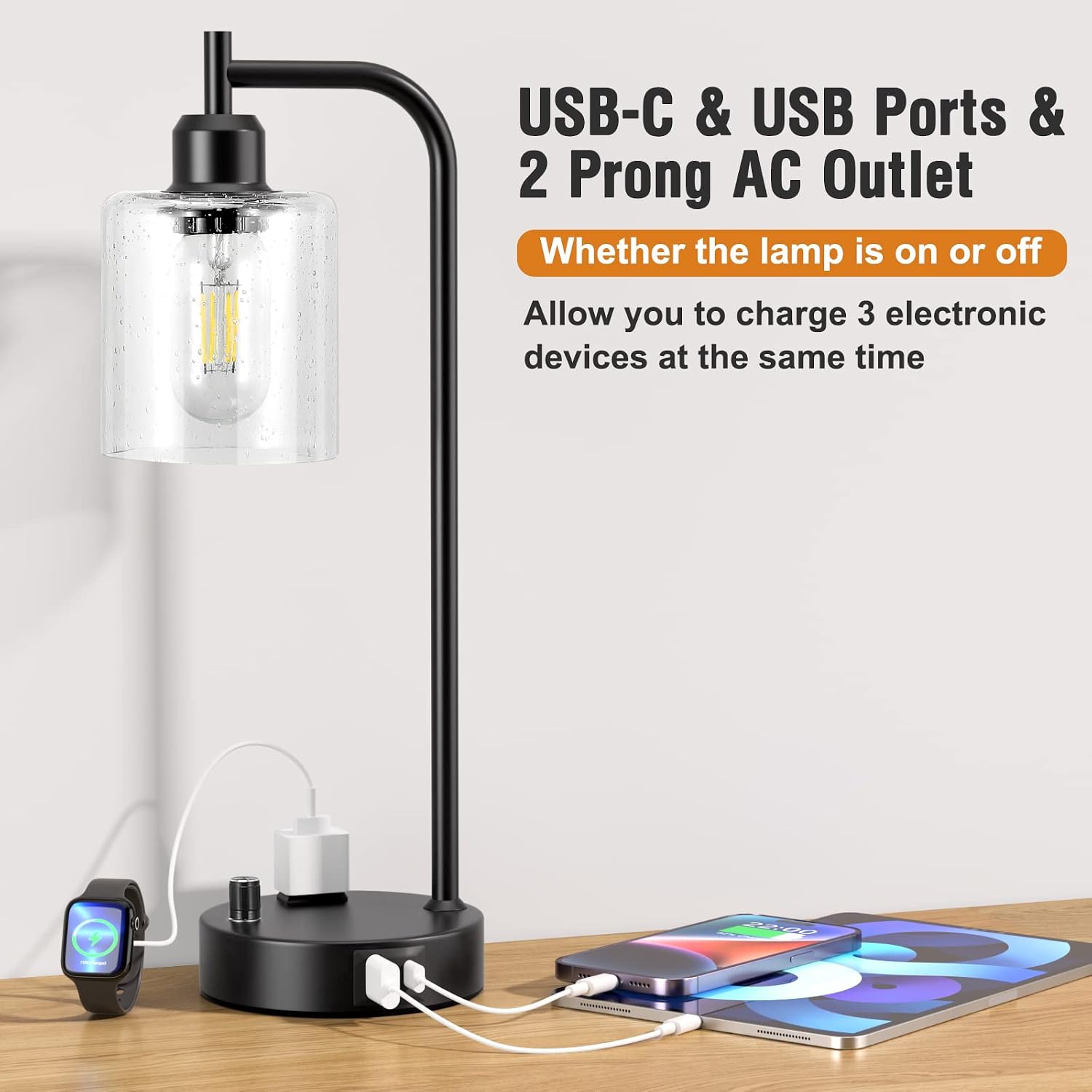 2 Pack Dimmable Black USB Glass Table Lamps