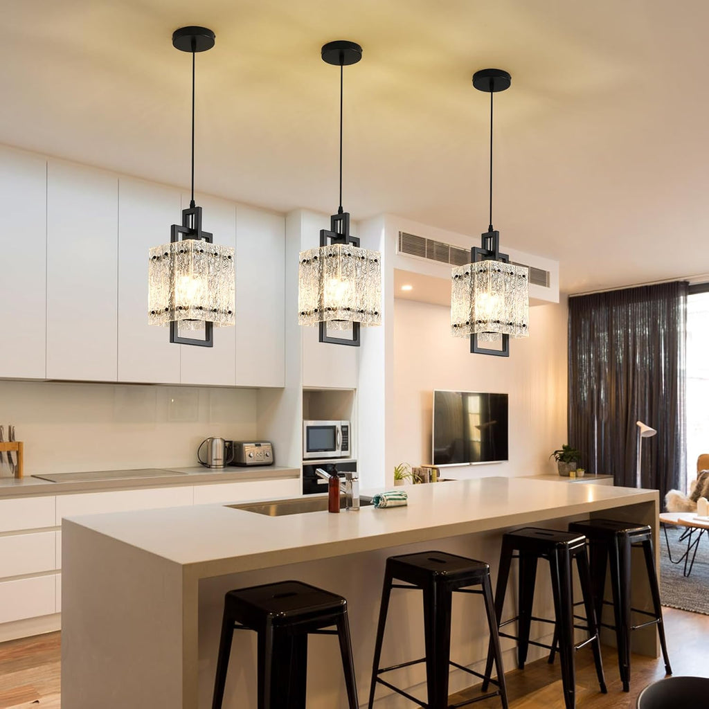 Square Water Ripple Glass Black Pendant Light 1 Pack