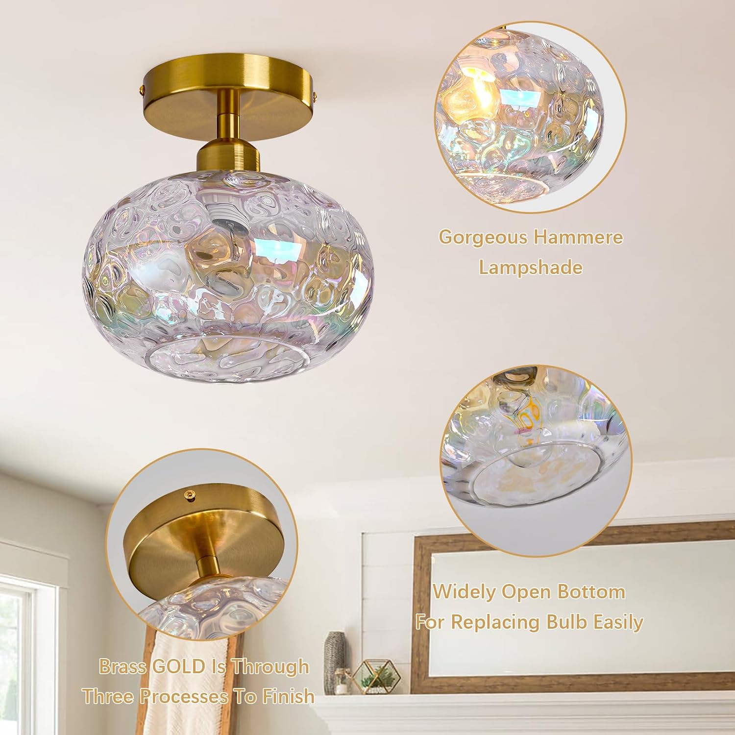 7.9" Gold Hammered Glass Semi Flush Light