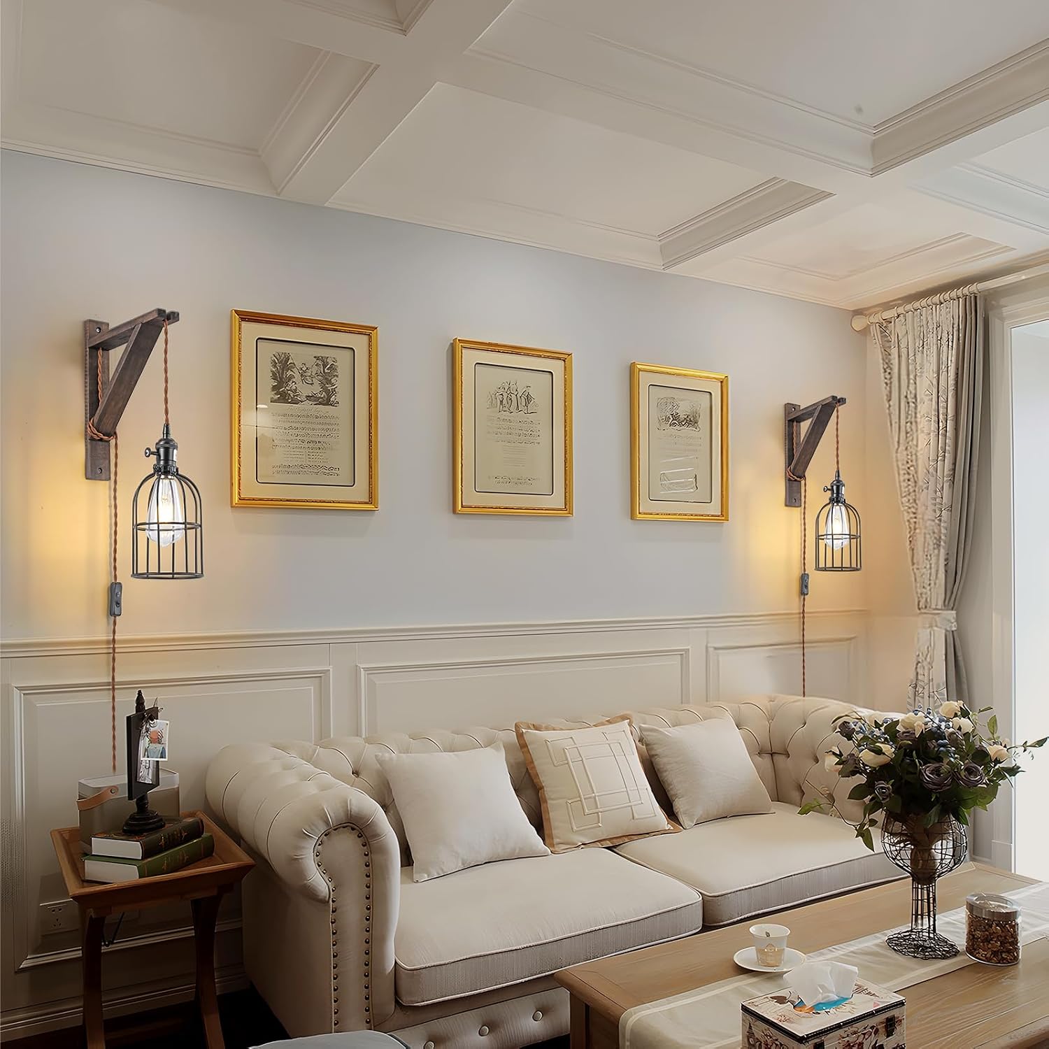 2 Pack Wood Plug-In Pendant Wall Sconce