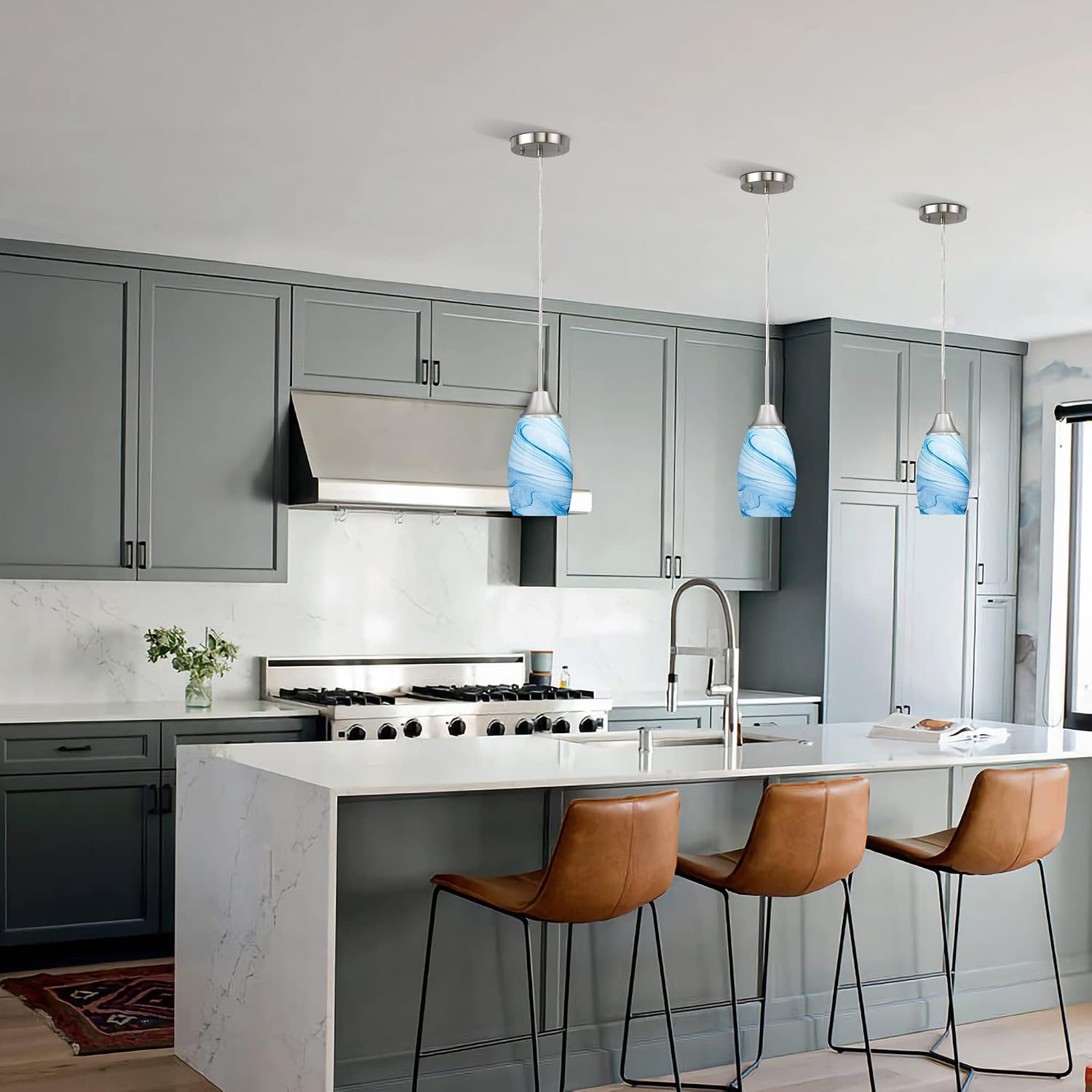 4.72" Blue Marble Oval Glass Mini Pendant Light 1 Pack