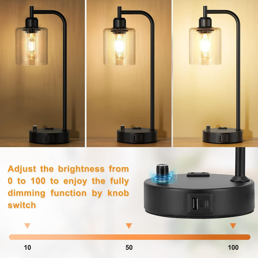 2 Pack Dimmable Black USB Glass Table Lamps