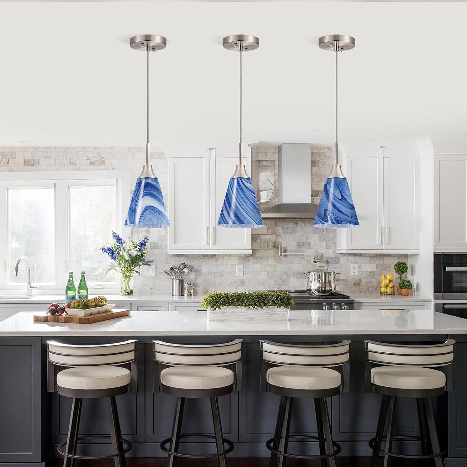 3 Pack Dark Blue Marble Glass Pendant Light