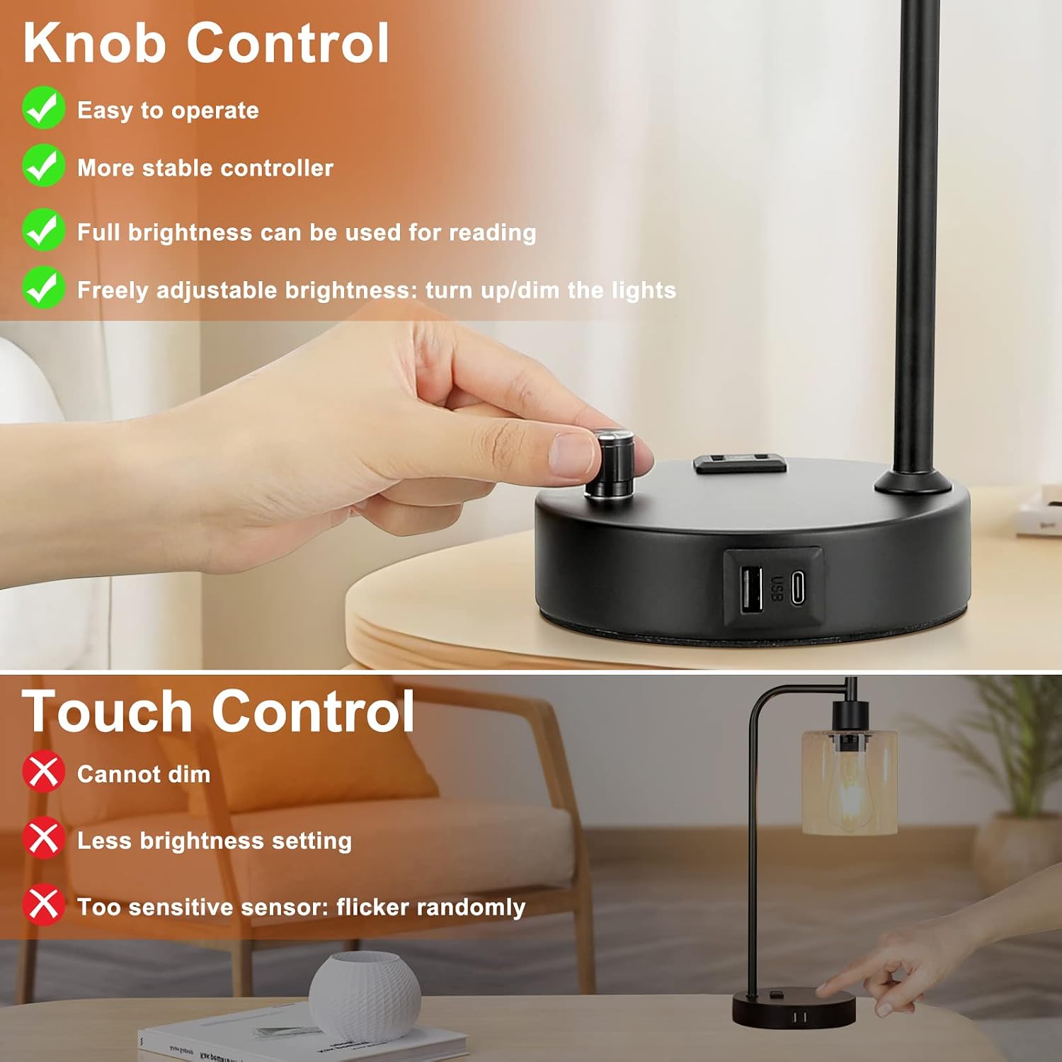 2 Pack Dimmable Black USB Glass Table Lamps