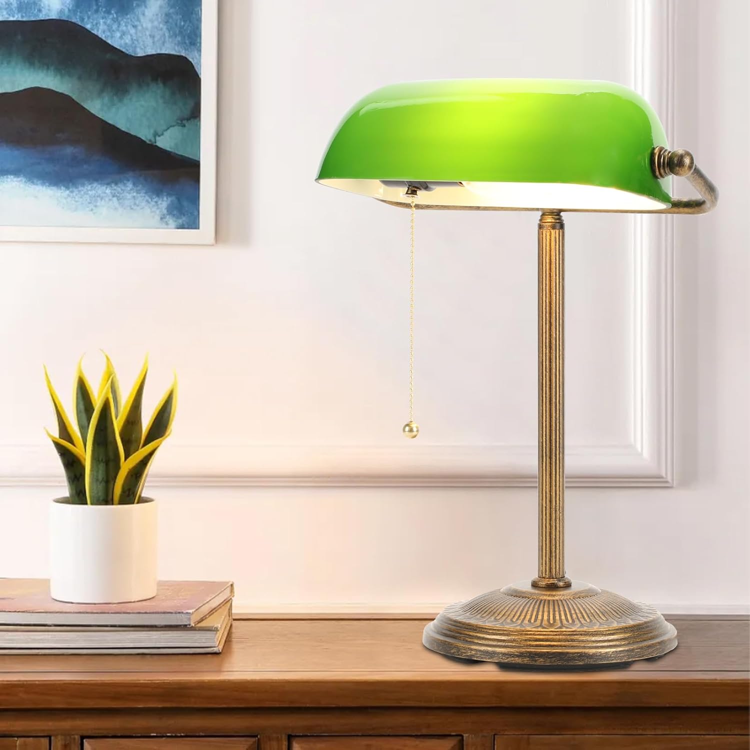 Gold Green Glass Banker Desk Lamp