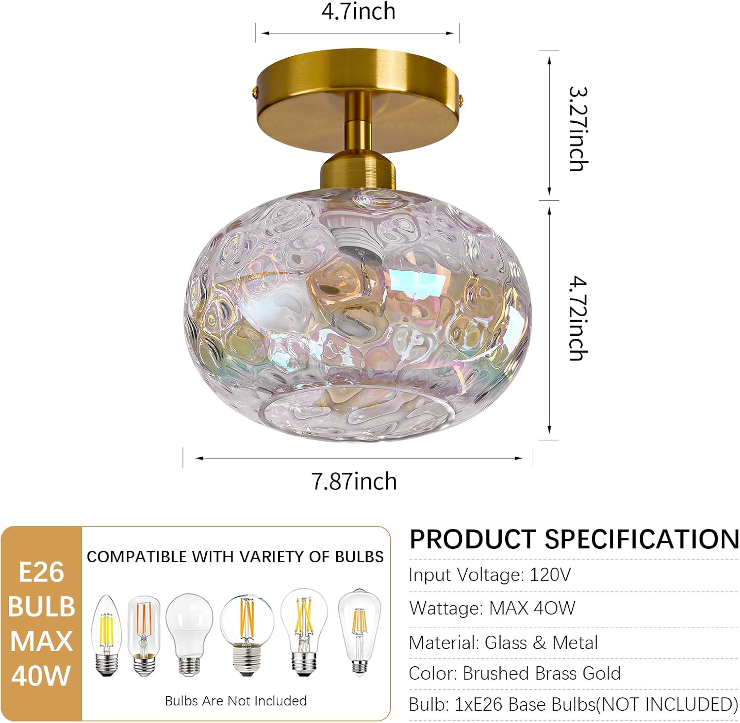 7.9" Gold Hammered Glass Semi Flush Light
