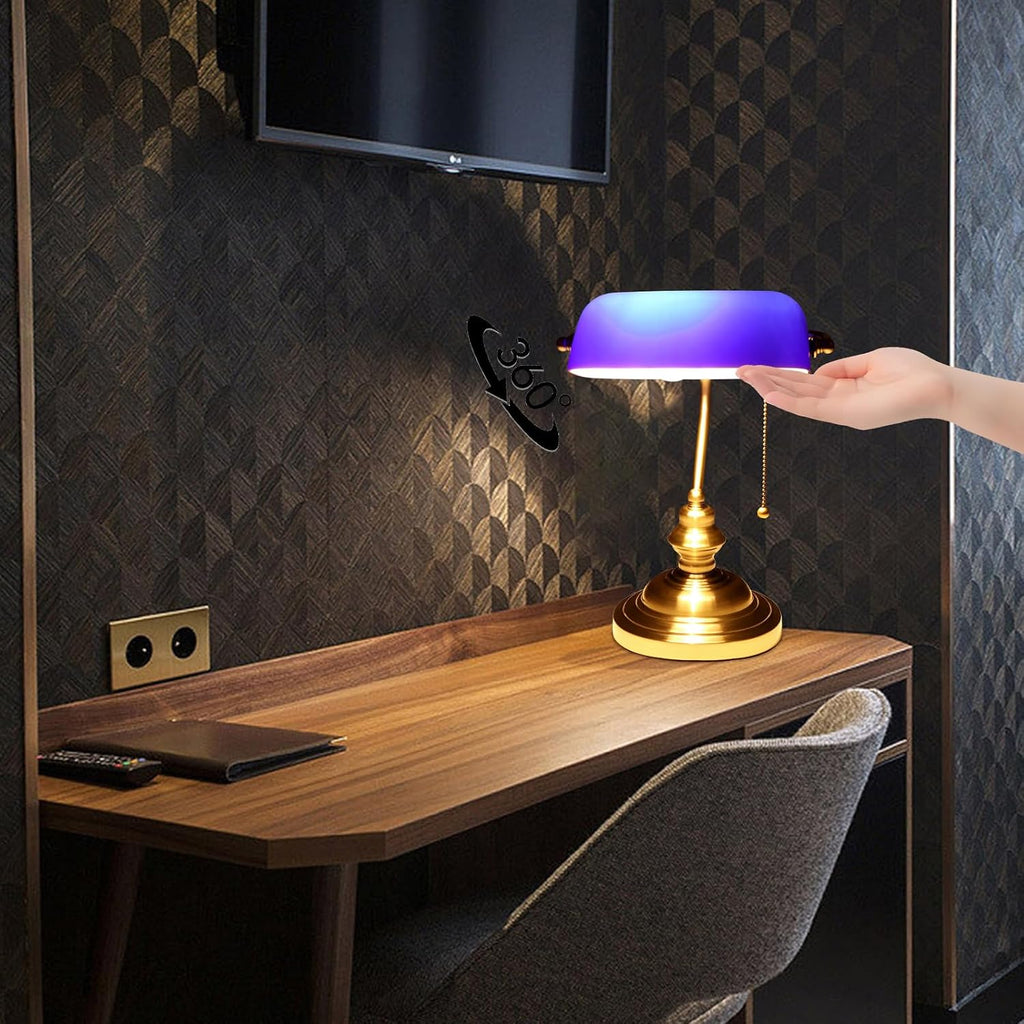 Blue Glass Pull Chain Banker Lamp
