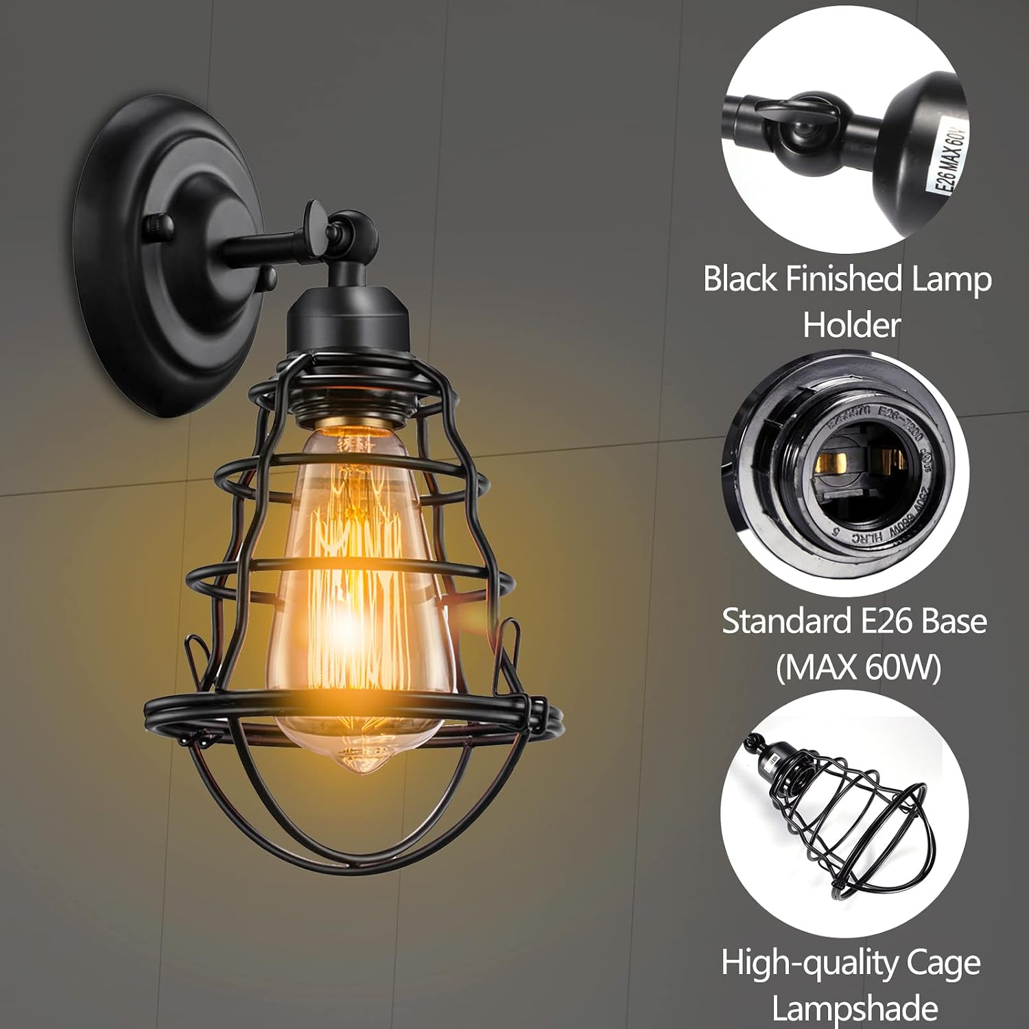 2 Pack Black Wire Cage Farmhouse Wall Sconce