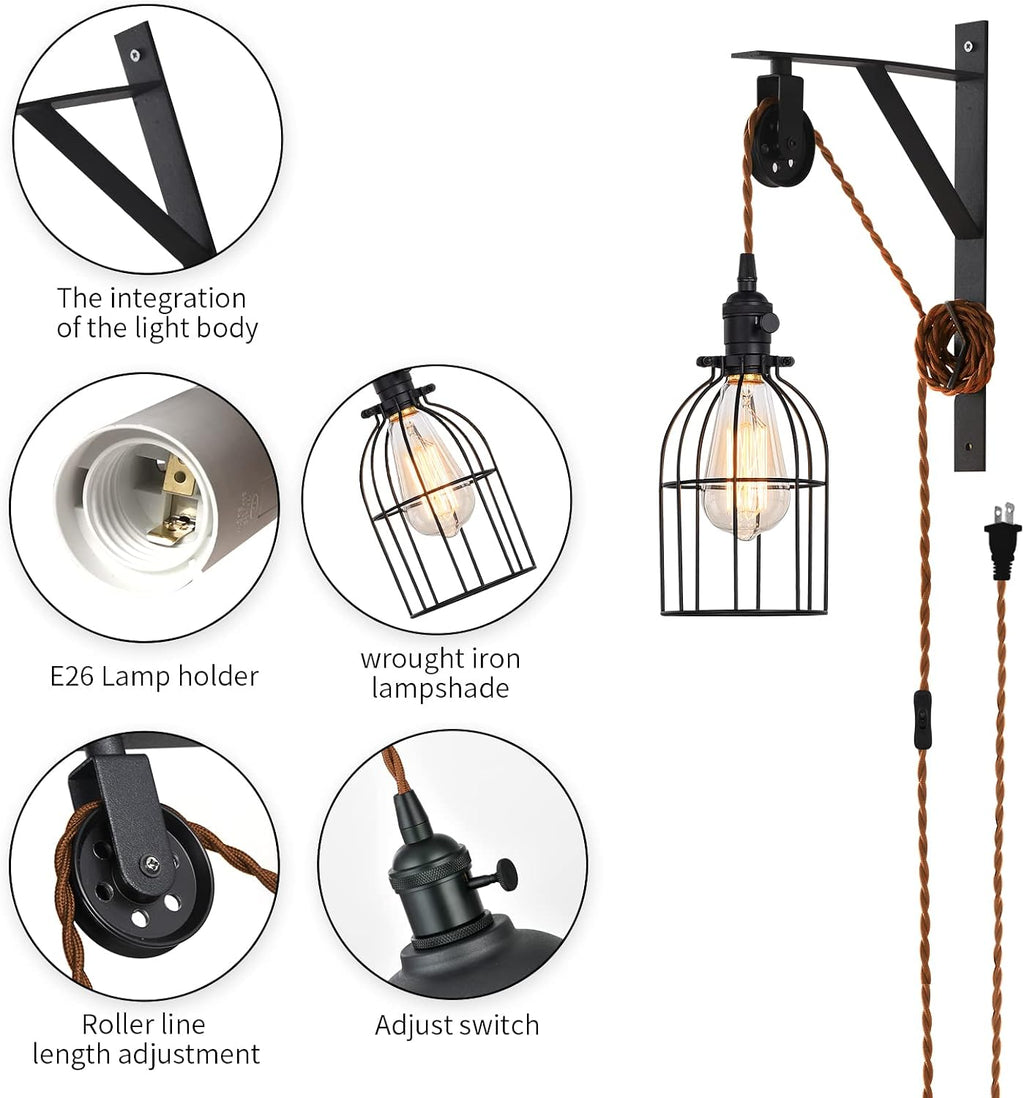 2 Pack Pulley Plug-In Wall Pendant Light