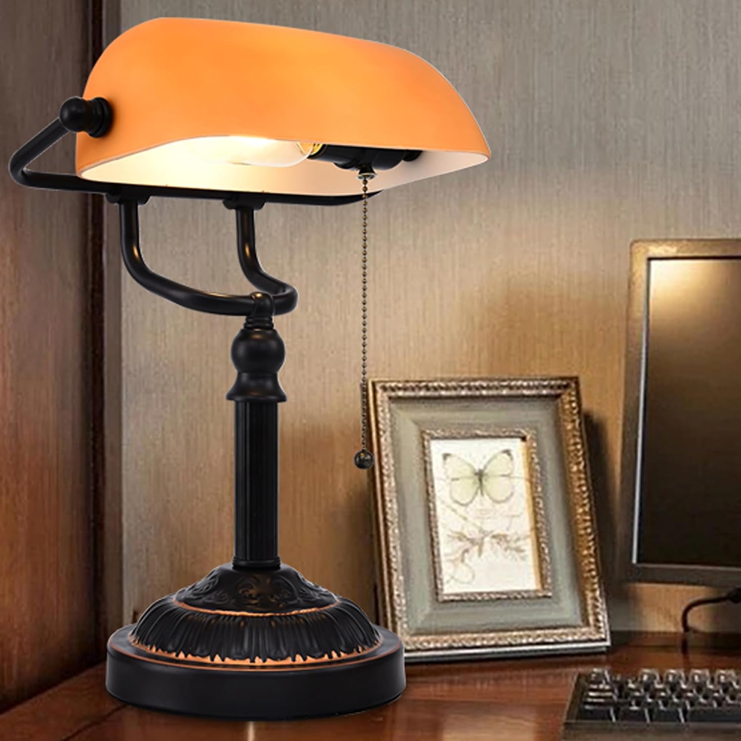 Bronze Yellow Glass USB Banker Desk Lamp