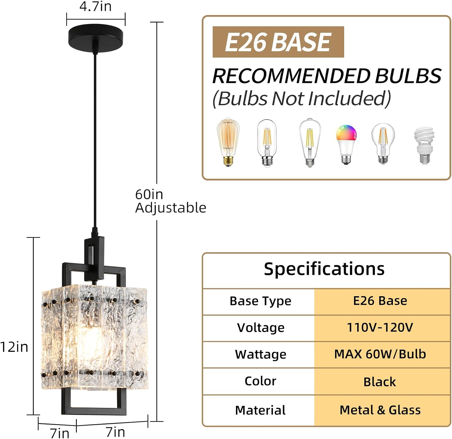 Square Water Ripple Glass Black Pendant Light 1 Pack