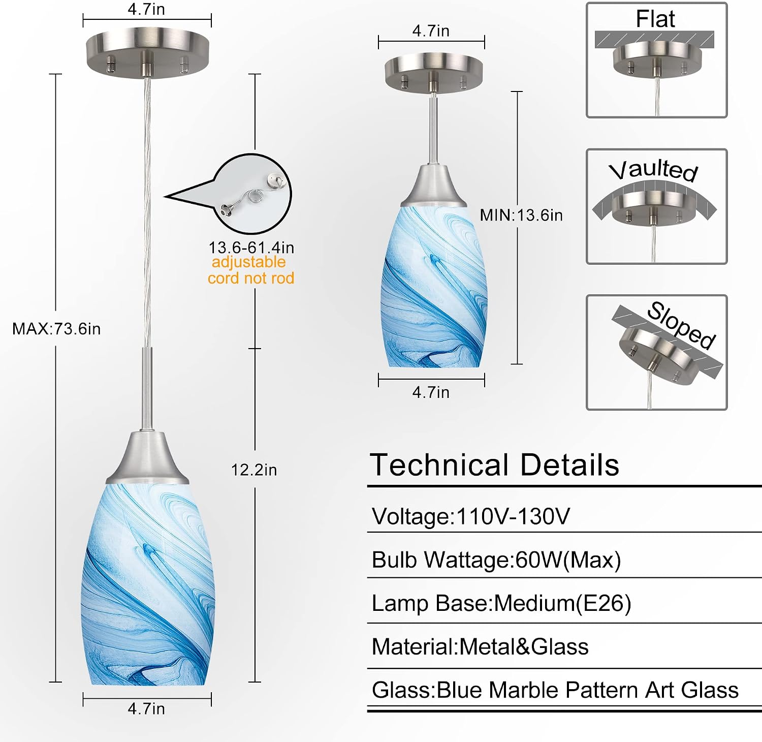 4.72" Blue Marble Oval Glass Mini Pendant Light 1 Pack