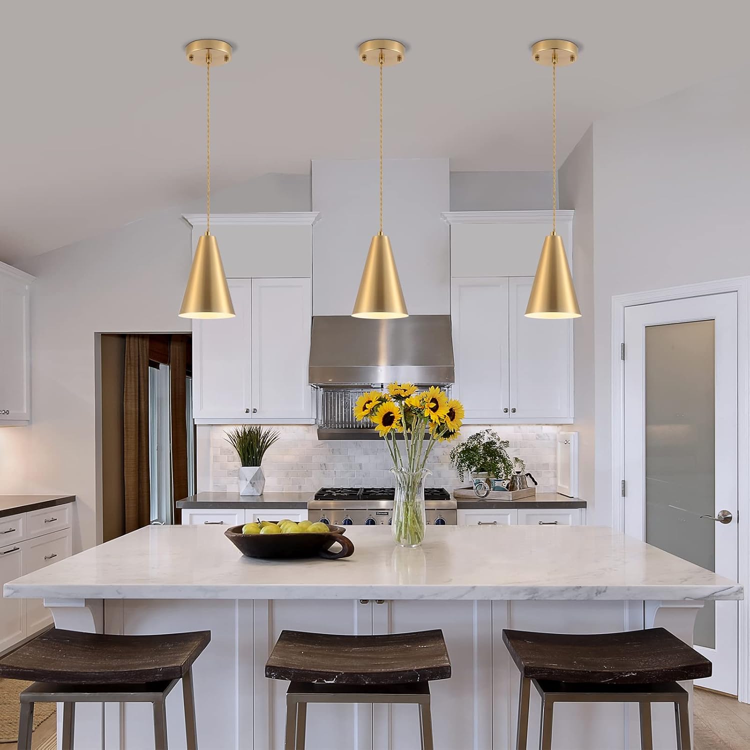 3 Pack Brushed Brass Cone Pendant Lights