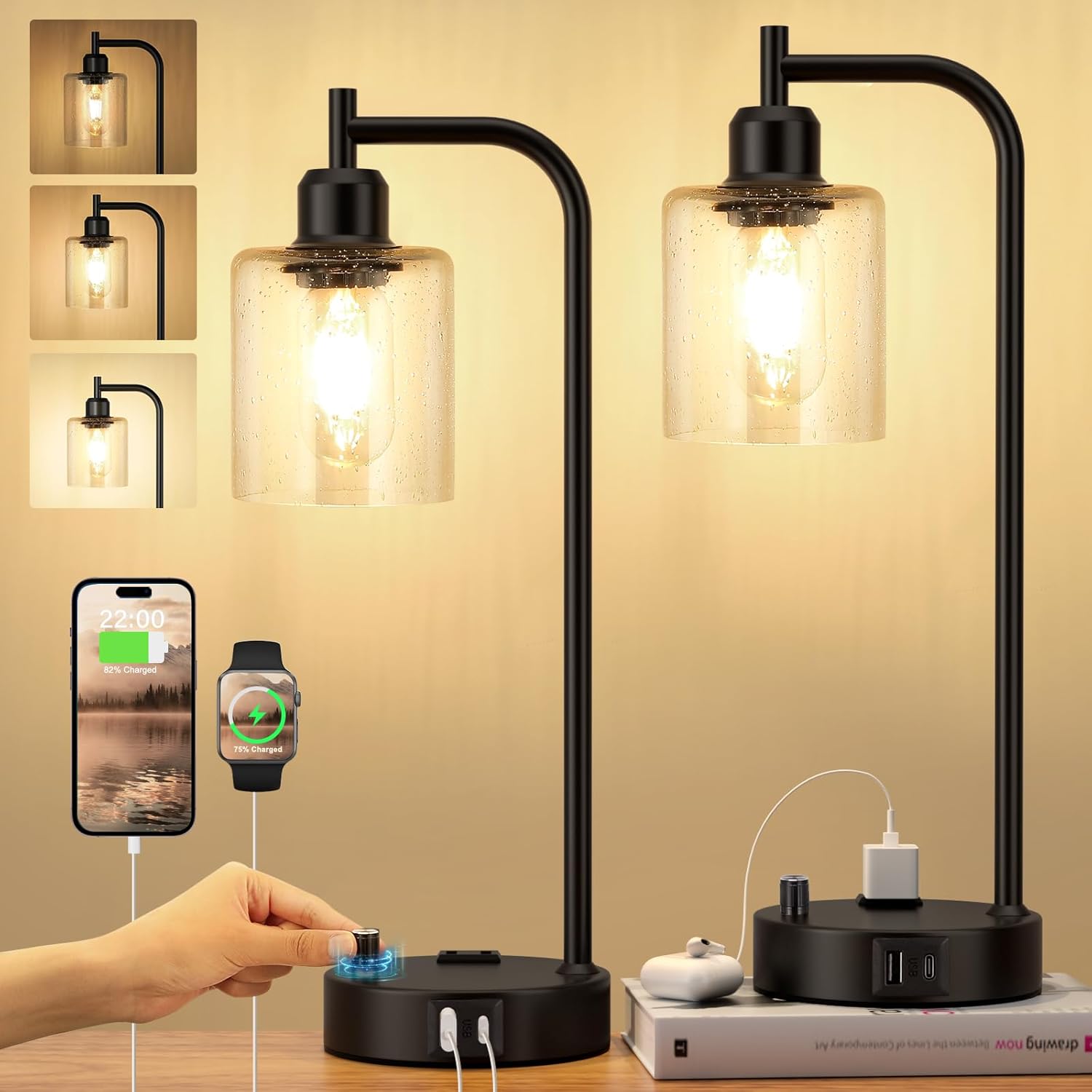 2 Pack Dimmable Black USB Glass Table Lamps