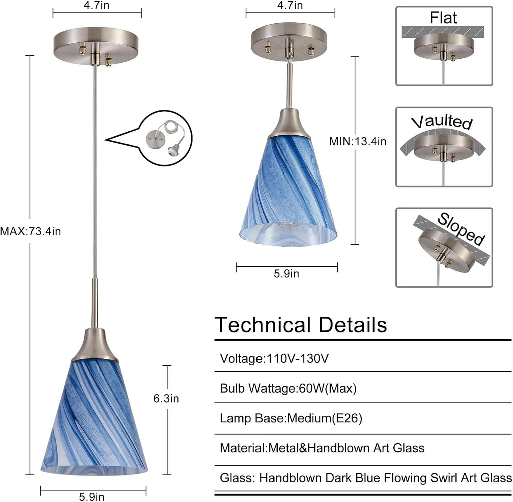 3 Pack Dark Blue Marble Glass Pendant Light