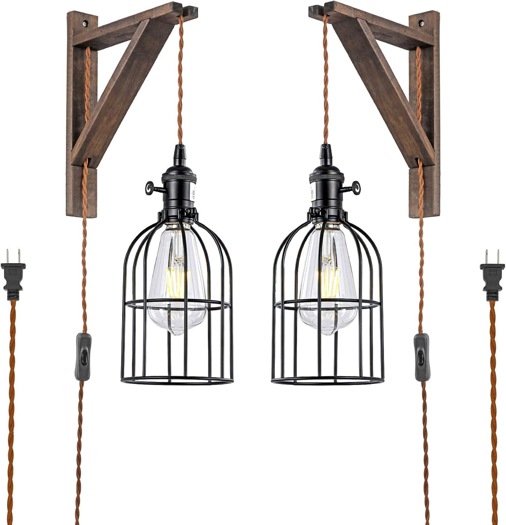 2 Pack Wood Plug-In Pendant Wall Sconce