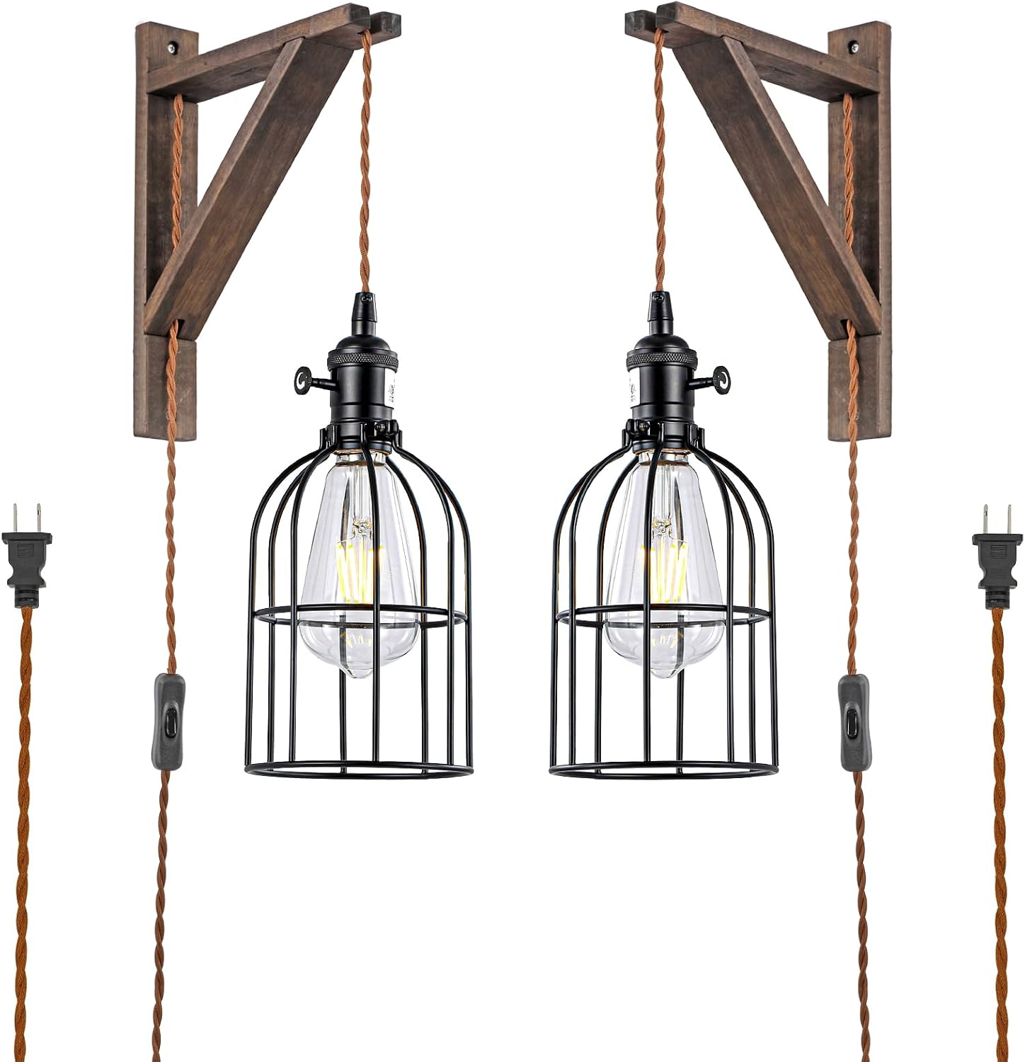 2 Pack Wood Plug-In Pendant Wall Sconce