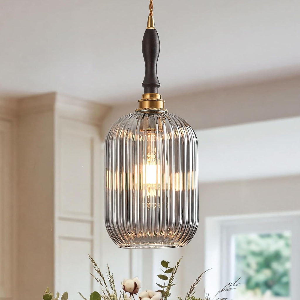 7.87" Brass Smoked Ribbed Glass Pendant Light