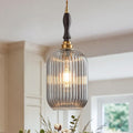 7.87" Brass Smoked Ribbed Glass Pendant Light