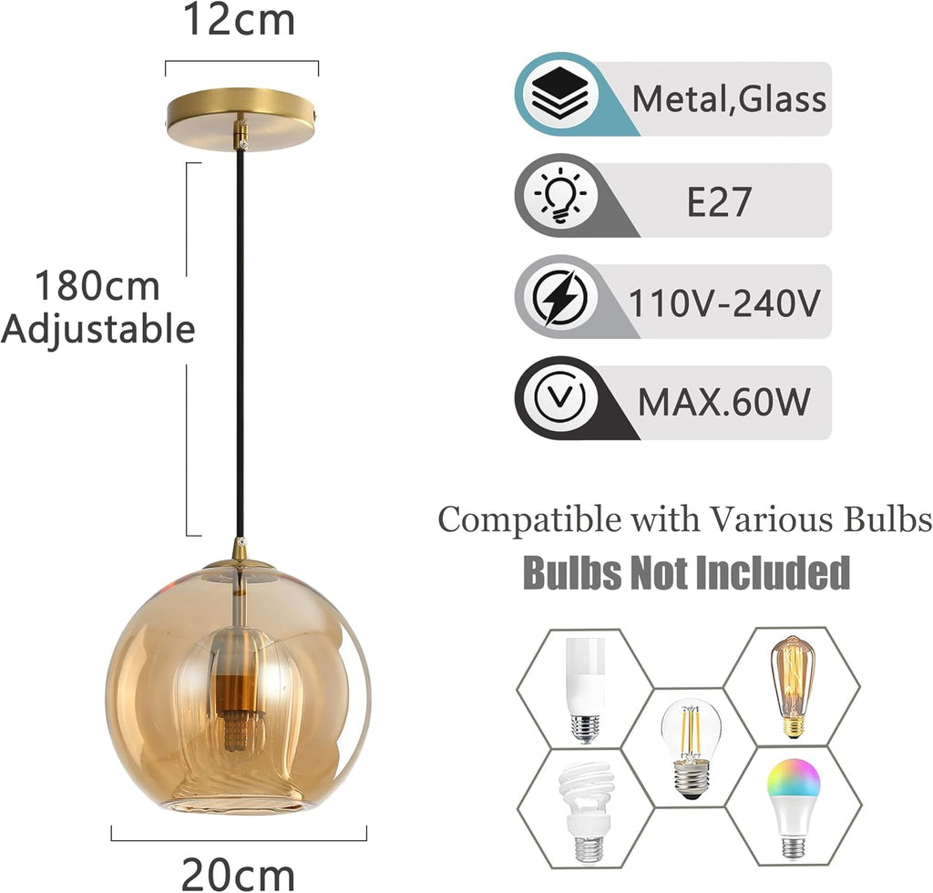 7.9" Gold Amber Globe Glass Pendant Light