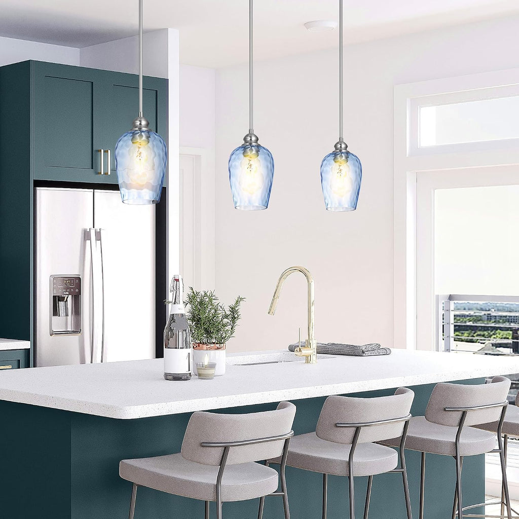 2 Pack Blue Hand Blown Glass Kitchen Pendant Lights