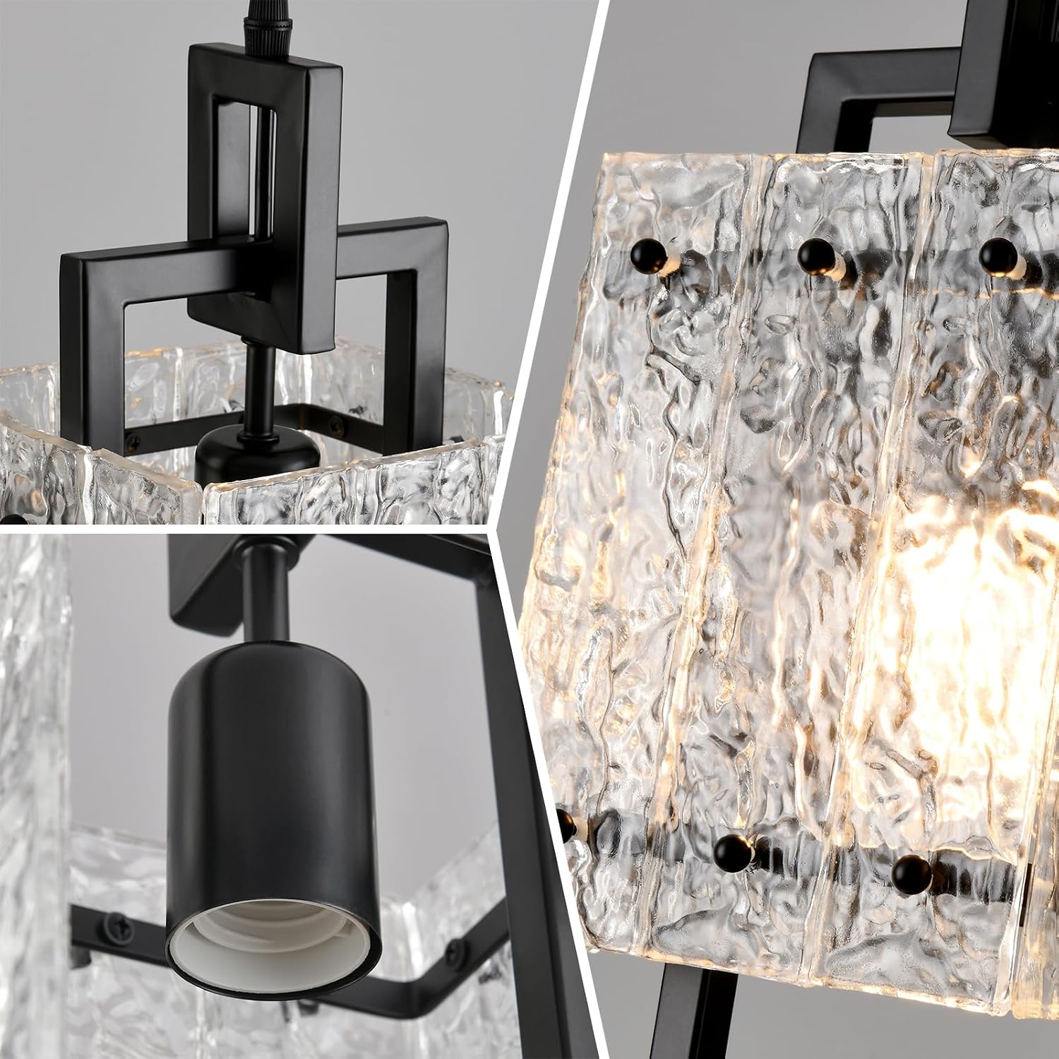 Square Water Ripple Glass Black Pendant Light 1 Pack