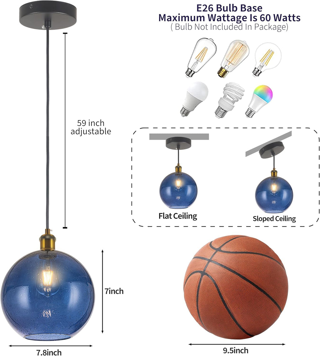 7.8" Blue Globe Glass Kitchen Pendant Lights