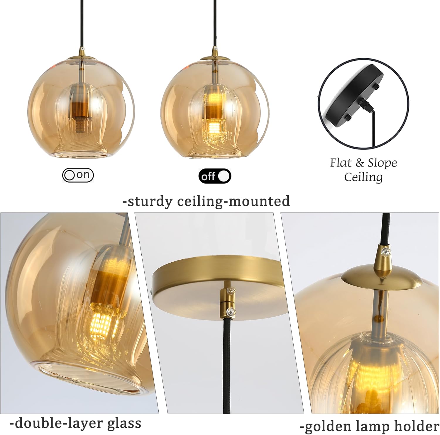 7.9" Gold Amber Globe Glass Pendant Light