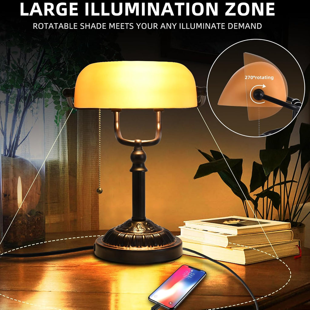 Bronze Yellow Glass USB Banker Desk Lamp