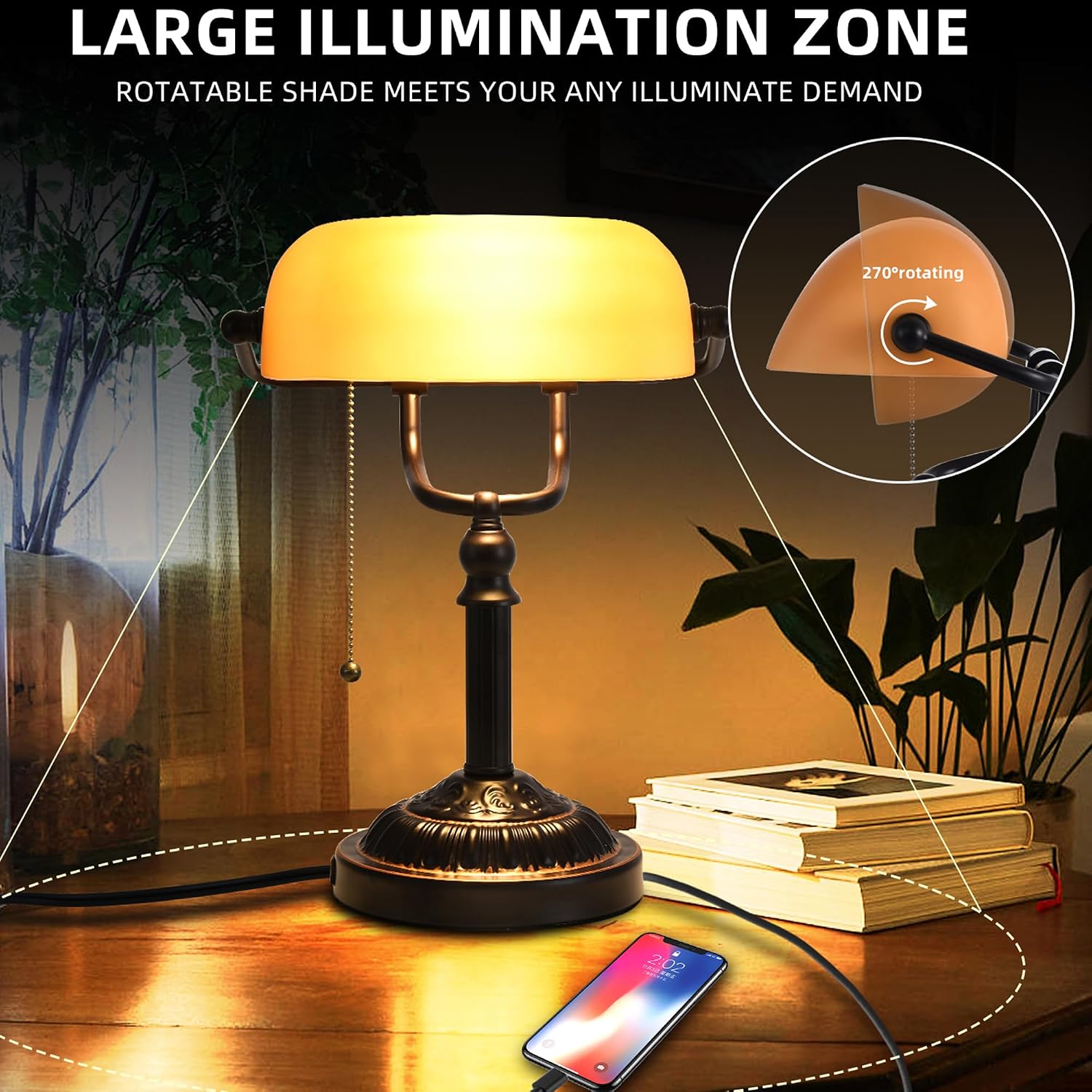 Bronze Yellow Glass USB Banker Desk Lamp
