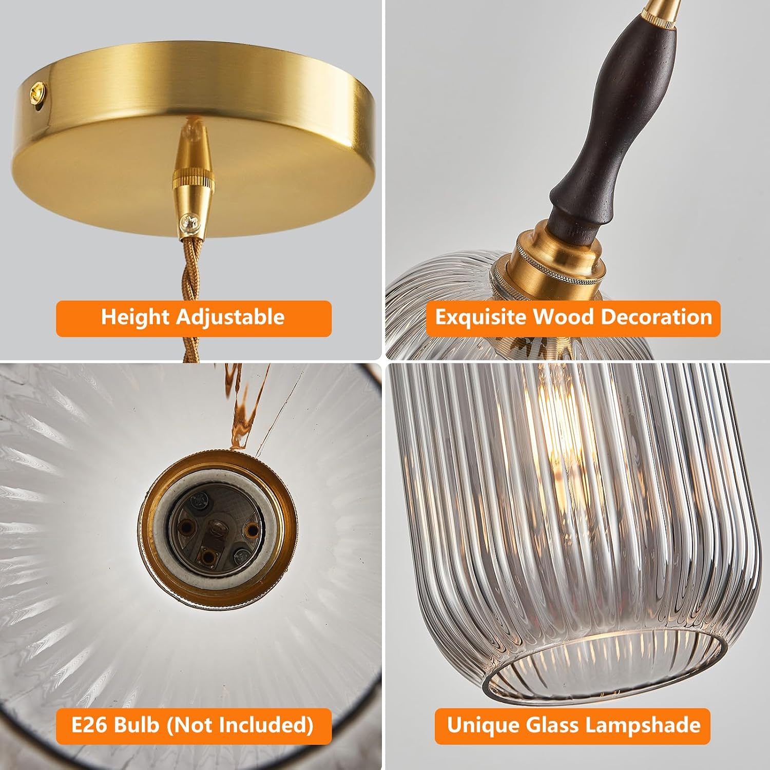 7.87" Brass Smoked Ribbed Glass Pendant Light