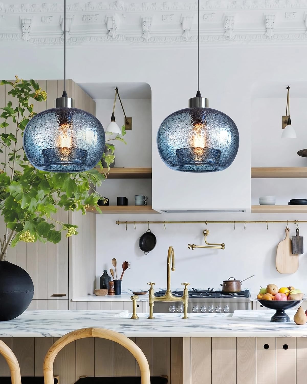 8.7" 2 Pack Blue Marble Glass Pendant Lights Brushed Nickel
