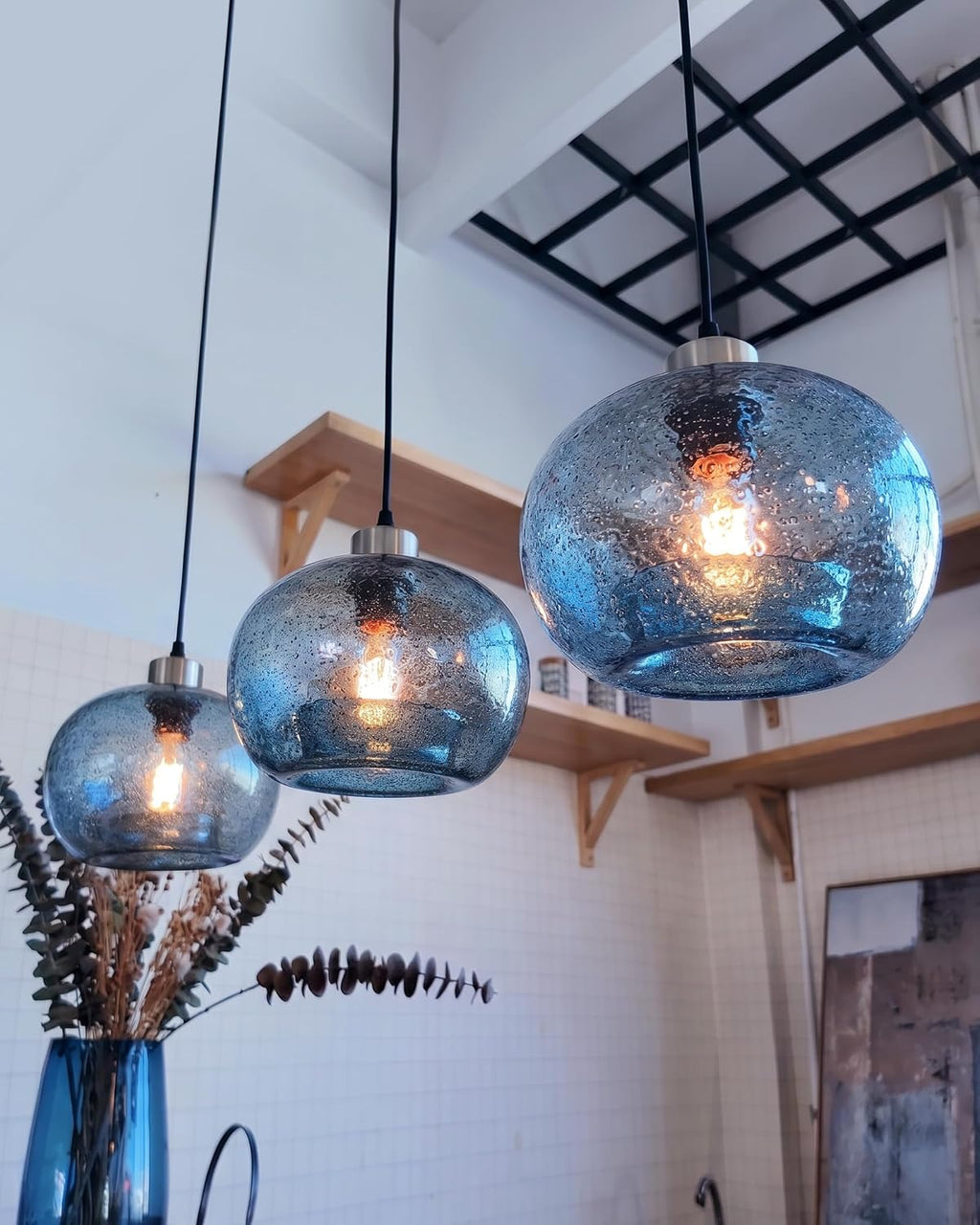 8.7" 2 Pack Blue Marble Glass Pendant Lights Brushed Nickel