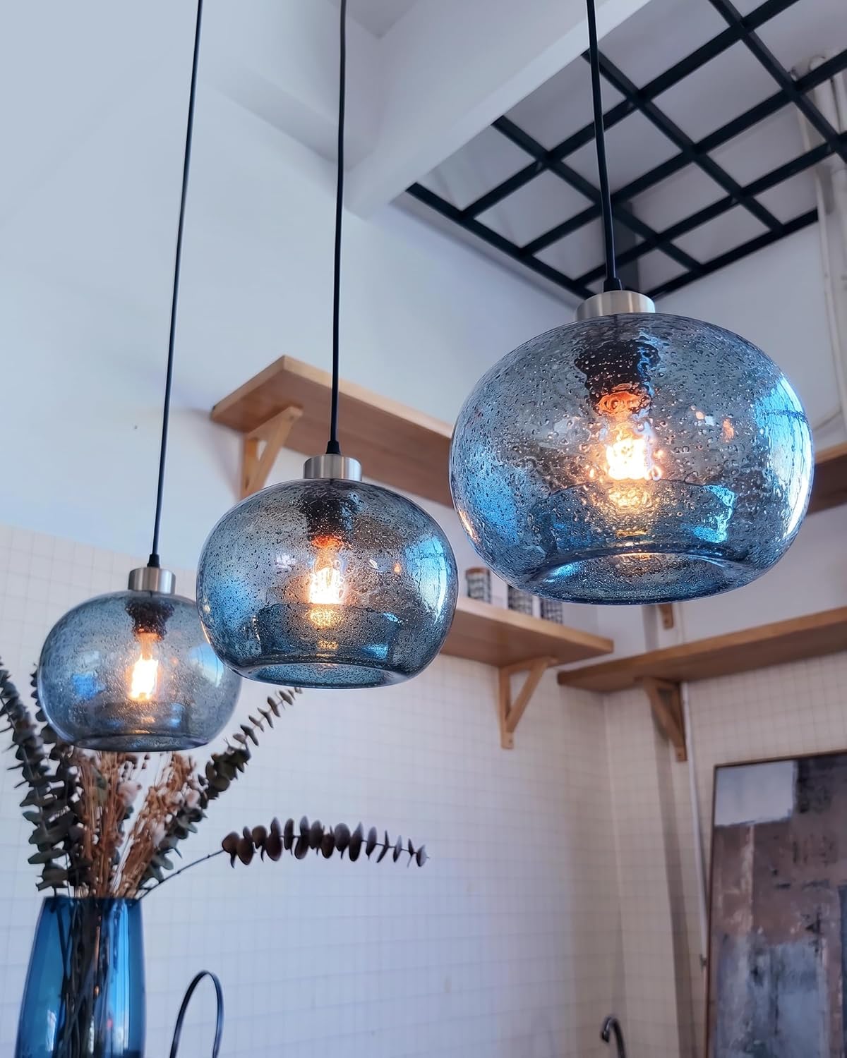 8.7" 2 Pack Blue Marble Glass Pendant Lights Brushed Nickel