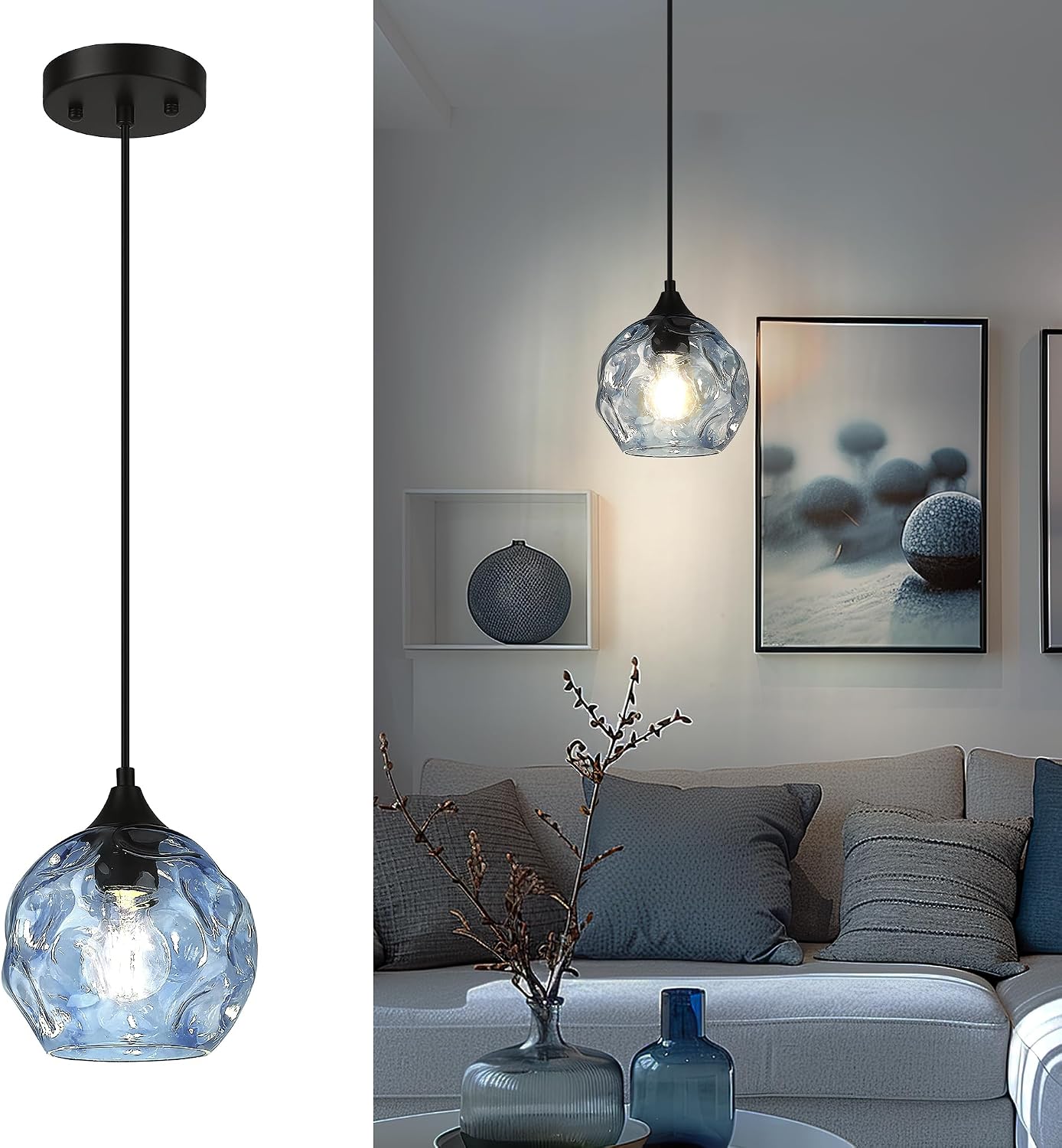 Blue Hammered Glass 1-Light Kitchen Pendant Light
