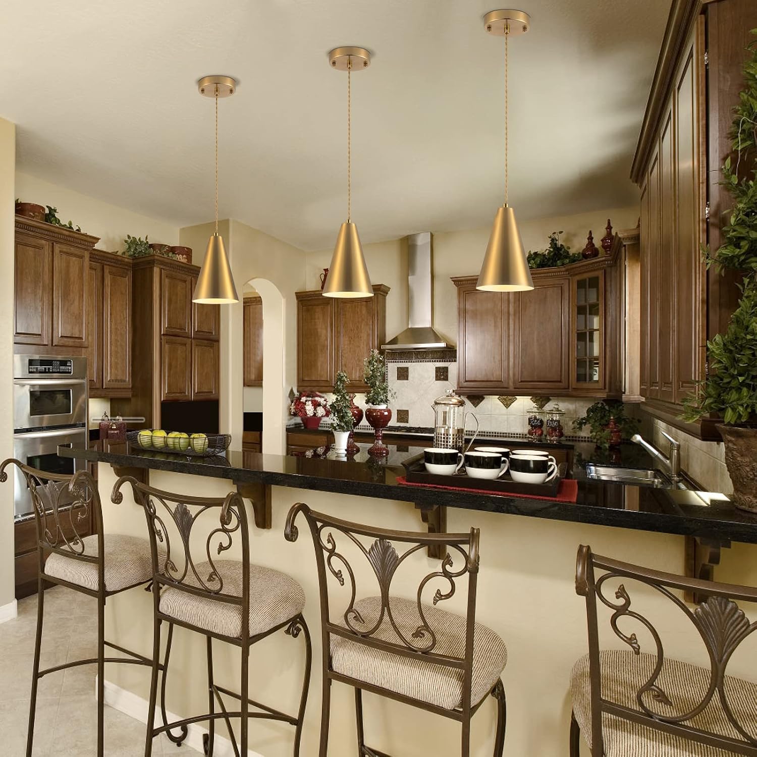 3 Pack Brushed Brass Cone Pendant Lights