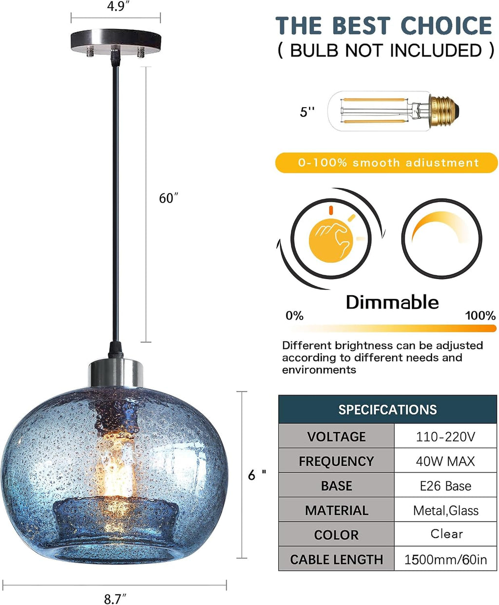 8.7" 2 Pack Blue Marble Glass Pendant Lights Brushed Nickel