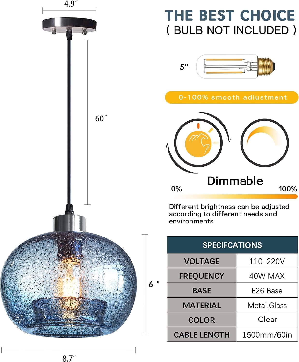 8.7" 2 Pack Blue Marble Glass Pendant Lights Brushed Nickel