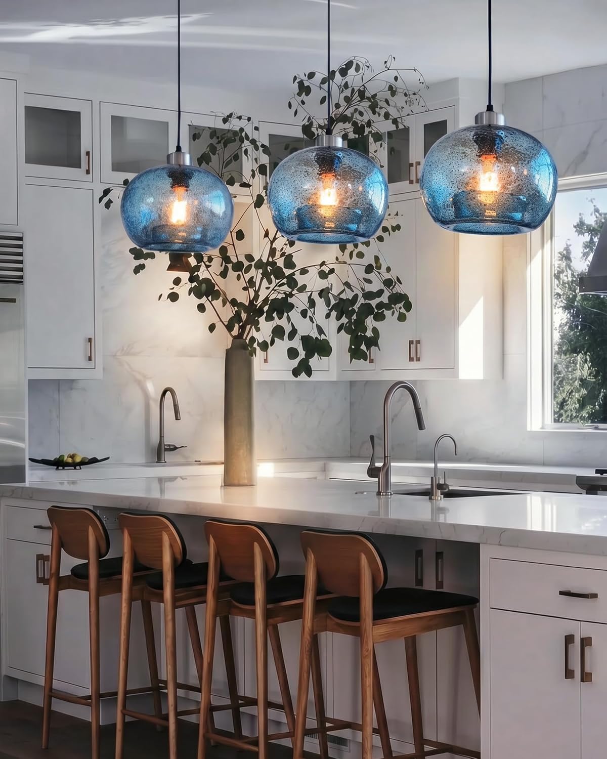8.7" 2 Pack Blue Marble Glass Pendant Lights Brushed Nickel